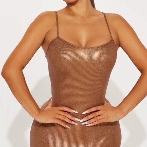 Fashion Nova Metallic Bronze Ribbed Mini Dress L/XL New - Picture 2 of 3
